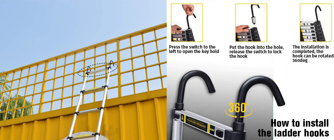 how to install the built-in insertion hook to the telescopic ladder as tent ladder